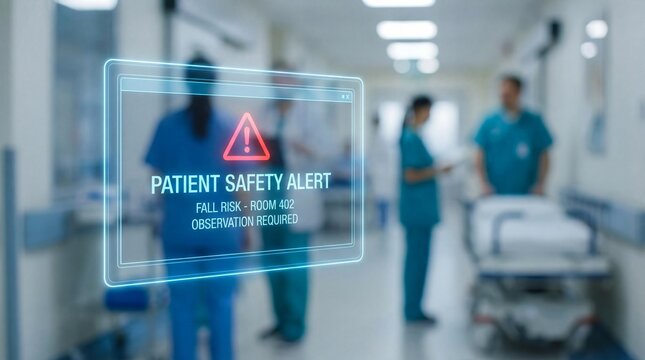 Digital hospital patient safety alert notification system displaying fall risk warning requiring immediate medical staff observation and intervention for healthcare quality assurance