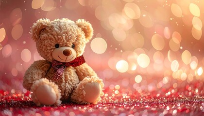 A fluffy, tan-colored stuffed animal with a red bow sits on a glittery surface, framed by soft, golden bokeh lights
