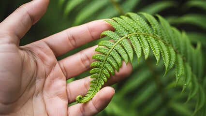 Human hand gently touching fresh green fern frond with water droplets