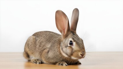 Cute brown gray domestic rabbit with long ears sitting on light wooden floor and white background