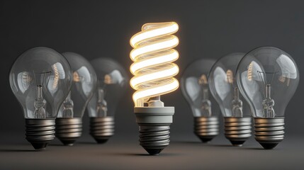 Illuminated spiral light bulb stands out among a group of transparent, traditional bulbs on a gray background