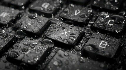 Close-up of black keyboard keys glistening with water droplets, showing the letter "X" in focus