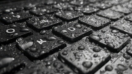 A close-up, grayscale photograph shows keyboard keys covered with water droplets, creating a wet and reflective surface. The keys are illuminated