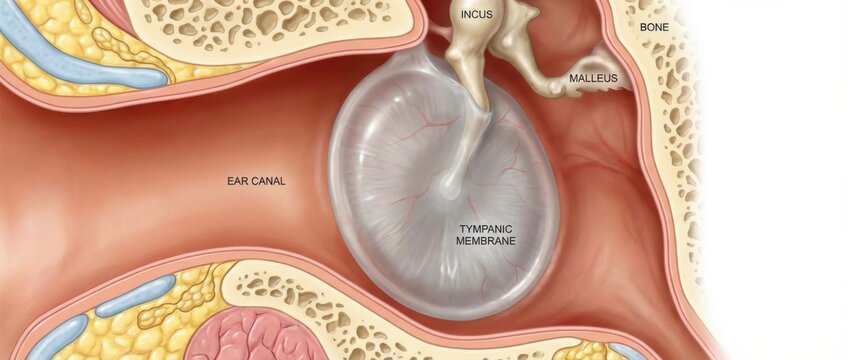 eardrum close-up medical illustration showing detailed anatomy with translucent membrane and surrounding ear canal structures on a clean white background for precise educational use