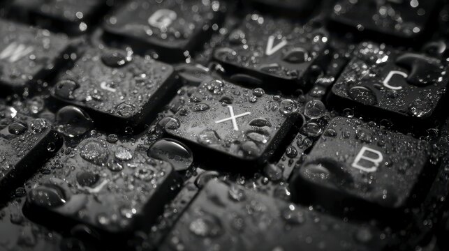 Close-up of black keyboard keys glistening with water droplets, showing the letter "X" in focus - Powered by Adobe