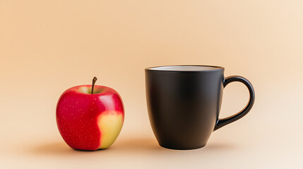 A vibrant red apple with a touch of yellow sits beside a sleek black mug, creating a simple yet striking composition against a muted backdrop. Balanced breakfast concept.