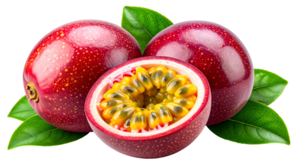 Vivid close-up of three passion fruits, one halved, with lush green leaves