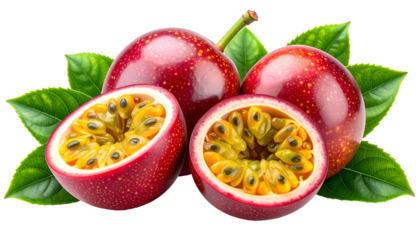 Vibrant passion fruits with cut halves, showing juicy pulp and seeds, surrounded by leaves