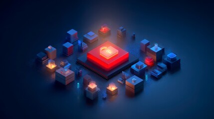 Isometric rendered depiction of a glowing red open padlock on a motherboard, surrounded by cubed components with ambient blue and orange light