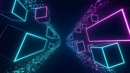 3D render of futuristic tunnel with neon glowing cubes and digital data stream in blue and purple light