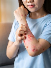 Woman Scratching Arm with Insect Bites and Skin Rash