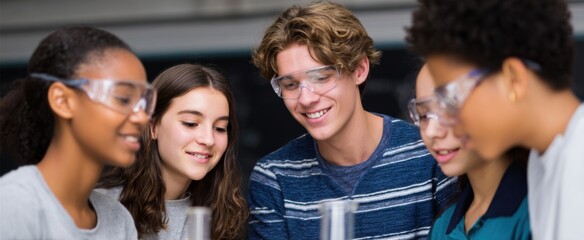 high school students performing a science experiment in a classroom environment
