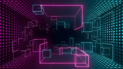 AI quantum tunnel background with data 3D abstract dots for digital tech. Grid code squares and blue portal perspective  Digital Grid Tunnel Background
