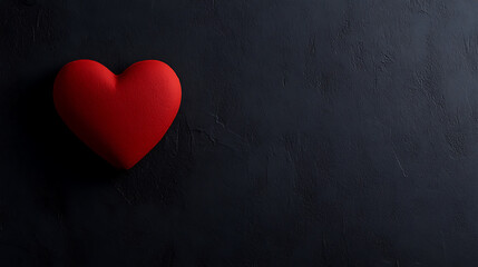 Vibrant red heart softly glows against a dark, textured background, creating a mood of romantic melancholy and reflective love. Heartfelt expression in shadows.