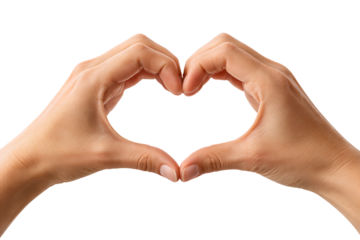 Human hands forming heart shape isolated on white background, symbol of love, care, romance and emotional connection expressed through simple hand gesture
