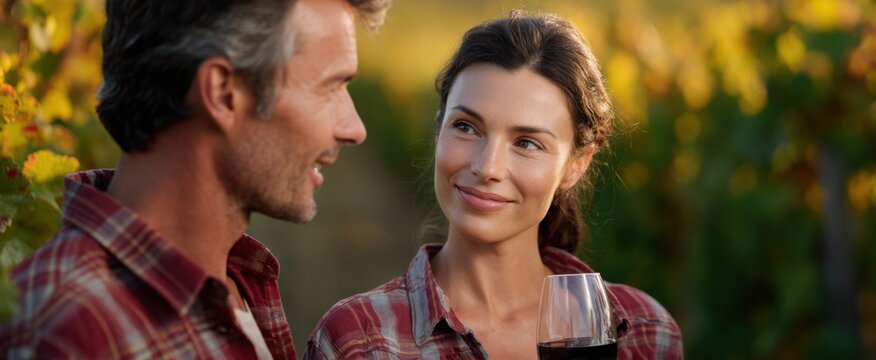 a joyful couple savoring rich wine in a vibrant sunlit vineyard during harvest season - Powered by Adobe