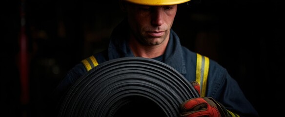 The firefighter inspects the fire hose like a jeweler admiring a glittering treasure.