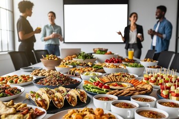 Diverse group of colleagues enjoying food and drinks at a meeting
