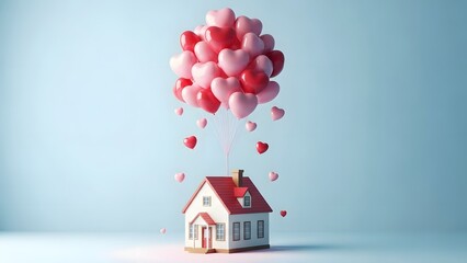 A whimsical house lifted by a cluster of red and pink balloons