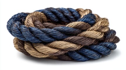 Close-up of intertwined rope. Coiled and twisted with varying shades of blue, brown, and tan. Texture visible, against a white backdrop