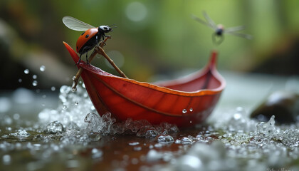Ladybugs flying above red boat creating splashes in water  