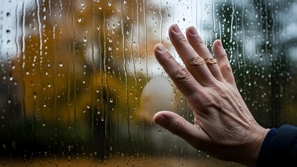 Close-up of a contemplative hand touching a rain-streaked window pane on an autumn day