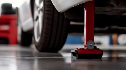 A car is lifted with a red jack lift in a garage. Car maintenance equipment. Vehicle service and repair. Automobile raised for undercarriage work. Tire and wheel service.