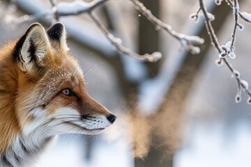Fototapeta premium Majestic red fox with frosty breath in winter landscape