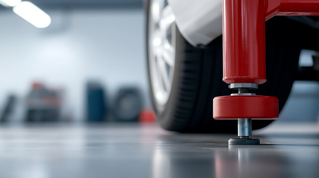 Close-up of a red lift supporting a car, showcasing the precision of automotive maintenance. The car is slightly blurred. It's a standard scene in a auto repair shop.
