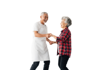 Elderly asian man in an apron and woman in plaid dancing playfully, holding hands, captured in a vibrant, high-key studio medium shot against a transparent backdrop. Concept of active senior