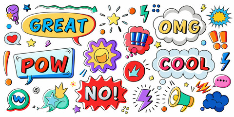 Colorful cartoon speech bubbles with exciting expressions and playful design elements