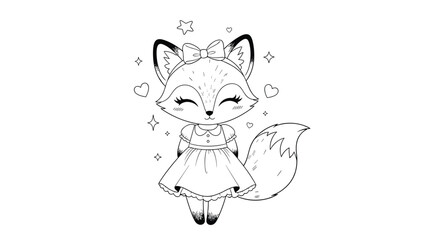 Obraz premium Cute cartoon fox character wearing a pretty dress and a bow with hearts and stars in a black and white line art coloring page style.