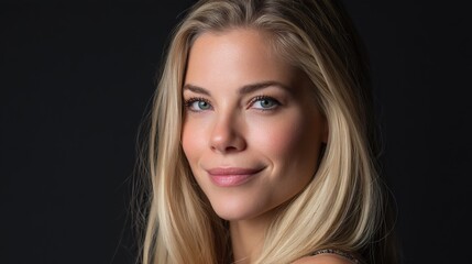 Naklejka premium Beautiful long-haired blonde woman in elegant studio with black background. She wears light makeup and looks at camera.