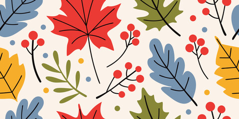 Autumn leaves and berries pattern a colorful fall season illustration © BelaRani