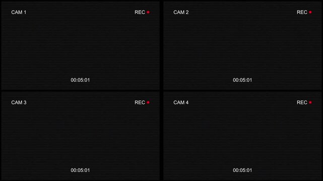 Cctv security camera four screen overlay interface with recording indicator and digital noise, ideal for crime thrillers, security concepts, and suspenseful cinematic projects. 4K video