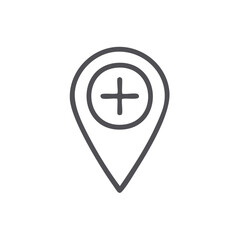 Obraz premium Simple outline of a map pointer icon featuring a plus sign on a white background