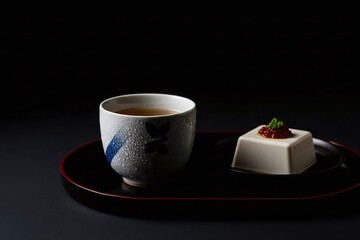 Elegant tea cup and dessert on a black plate with red trim