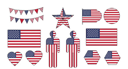 American flagthemed illustrations including stars, stripes, hearts, and people figures on a