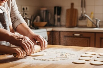 Woman and child baking together in kitchen making cookies
