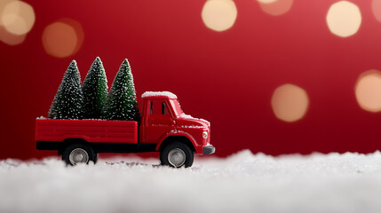 A cheerful red toy truck carries snow-covered Christmas trees across a snowy landscape against a warm, bokeh-lit red backdrop, evoking holiday cheer and nostalgia.