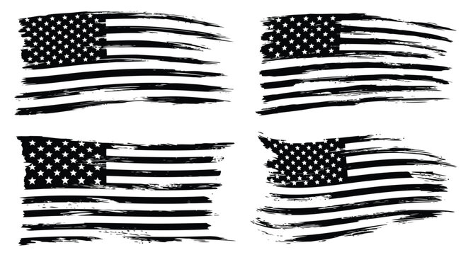 Four black and white american flags with a distressed, torn, and worn appearance, symbolizing patriotism and resilience