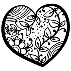 Outline heart with fantasy patterns, coloring page with flower and vines