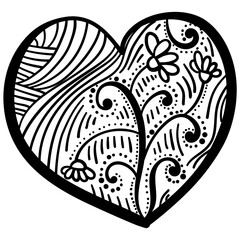 Outline heart with fantasy patterns, coloring page with a sprig of flowers