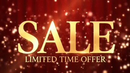 A luxurious Sale Limited Time Offer animation with golden text appearing on a red curtain backdrop, ideal for elegant advertising and promotions
