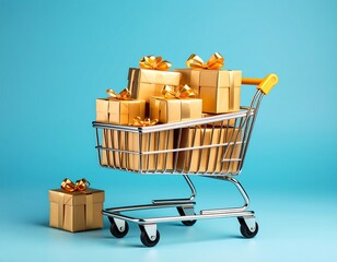 A shopping cart overflowing with golden, ribboned boxes against a light blue backdrop, showcasing abundance