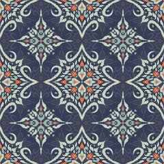 Fototapeta premium Modern Ikat Winter Bloom in Navy Orange Harmony