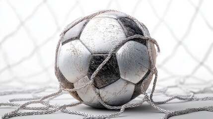 Close-up of a weathered, deflated ball inside a net, likely symbolizing defeat or end of a sporting event