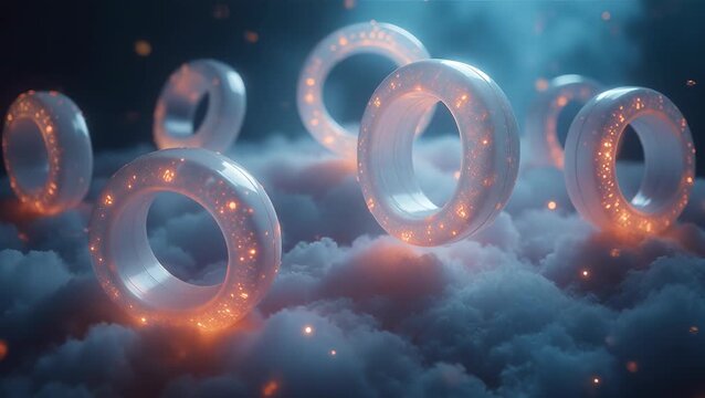 Ethereal Glow of Floating Cosmic Rings in a Dreamy Cloudscape