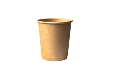 A solitary, disposable, paper drinking vessel set against a stark, black backdrop