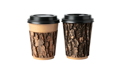 Two coffee cups, sleeves with bark design, black lids, isolated on black background